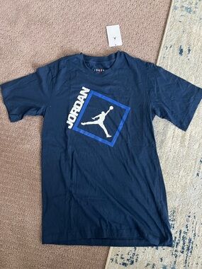 Jordan Navy Short Sleeve Tee with White and Blue Jumpman Graphic